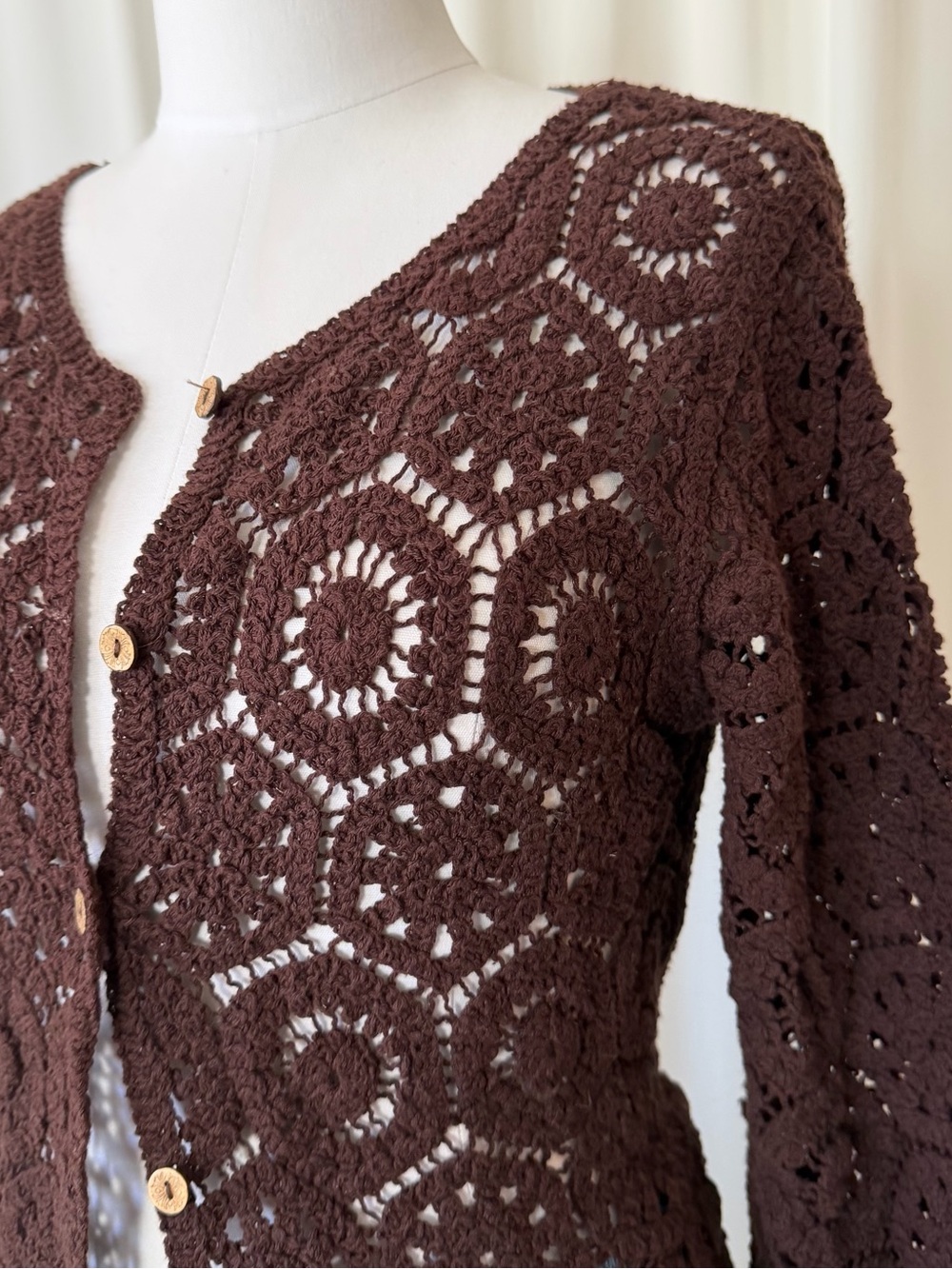 Brown Crochet Knit Cardigan Top Size Medium Long Sleeve Button Up Boho. - Picture 6 of 11